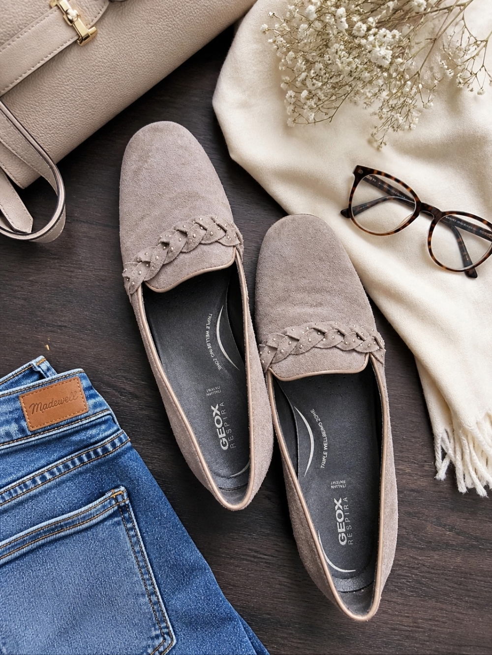 Geox Respira Taupe Suede Loafers Comfort Walking Flats Braided Detail